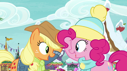 Size: 1280x720 | Tagged: safe, screencap, applejack, berry punch, berryshine, cotton sky, pinkie pie, earth pony, pony, best gift ever, g4, clothes, duo, female, hat, jacket, looking at each other, mare, scarf, winter outfit