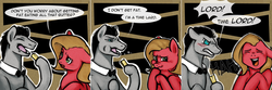 Size: 1504x500 | Tagged: safe, artist:clorin spats, doctor whooves, time turner, oc, oc:pun, earth pony, pegasus, pony, ask discorded whooves, ask pun, ask, butter, crossover, discord whooves, doctor who, doctor whooves is not amused, female, food, male, mare, stallion, that pony sure does love butter, the doctor, time lord