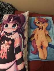 Size: 4032x3024 | Tagged: safe, artist:fearingfun, artist:hoodie, scootaloo, starlight glimmer, semi-anthro, g4, arm hooves, belly button, body pillow, cute, cutealoo, female, filly, irl, photo, smiling