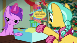 Size: 1168x657 | Tagged: safe, edit, edited screencap, editor:korora, screencap, amethyst star, citrine spark, sparkler, g4, my little pony best gift ever, awwmethyst star, box, chess, clothes, cropped, cute, dialogue, hat, hearth's warming tree, magic, magic aura, present, quackerdorable, scarf, socks, speech bubble, striped scarf, tree, winter outfit