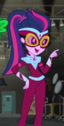 Size: 340x662 | Tagged: safe, screencap, sci-twi, twilight sparkle, equestria girls, equestria girls specials, g4, my little pony equestria girls: movie magic, clothes, costume, cropped, female, geode of telekinesis, magical geodes, masked matter-horn costume, ponytail, power ponies
