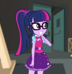 Size: 497x509 | Tagged: safe, screencap, sci-twi, twilight sparkle, human, equestria girls, equestria girls specials, g4, my little pony equestria girls: movie magic, belt, bowtie, clothes, cropped, door, female, geode of telekinesis, glasses, grin, magical geodes, ponytail, sci-twi outfits, skirt, smiling, solo, vest