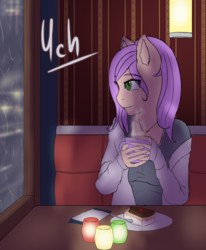 Size: 1732x2100 | Tagged: safe, artist:mintjuice, anthro, advertisement, cafe, cake, candle, clothes, commission, evening, female, food, mare, mug, not fluttershy, rain, solo, street, sweater, tea, window, your character here