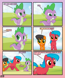 Size: 900x1080 | Tagged: safe, artist:lister-of-smeg, spike, oc, oc:crosspatch, oc:lazybug, earth pony, pony, comic:crystal heart attack, g4, colt, comic, female, male, mare