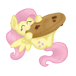 Size: 2000x2000 | Tagged: safe, artist:tunrae, fluttershy, pegasus, pony, g4, cookie, cute, eating, female, fluffy, food, giant food, high res, shyabetes, solo, tiny, tiny ponies