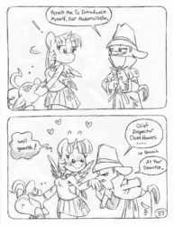 Size: 849x1100 | Tagged: safe, artist:circe, pinkie pie, twilight sparkle, alicorn, anthro, unguligrade anthro, comic:soreloser, black and white, blushing, clothes, detective, grayscale, inspector jacques clouseau, monochrome, pleated skirt, ponified, skirt, spread wings, the pink panther, traditional art, twilight sparkle (alicorn), wingboner, wings