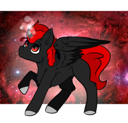 Size: 1154x1114 | Tagged: safe, artist:zira, oc, oc only, alicorn, pony, unicorn, alicorn oc, black fur, blank flank, cute, male, red and black oc, red eyes, red hair, red mane, solo