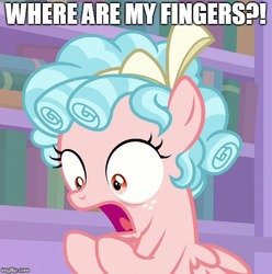 Size: 500x504 | Tagged: safe, edit, edited screencap, screencap, cozy glow, pegasus, pony, g4, what lies beneath, cropped, female, filly, hooves, meme, shocked, solo, sudden realization