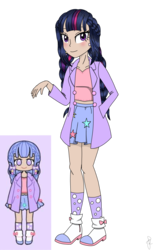 Size: 1290x2080 | Tagged: safe, artist:ilaria122, twilight sparkle, human, g4, boots, braid, braided pigtails, clothes, coat, ear piercing, earring, female, humanized, jewelry, miniskirt, pastel, pastel girl, pastel girl challenge, piercing, pigtails, polka dot stockings, shirt, shoes, simple background, skirt, socks, solo, transparent background