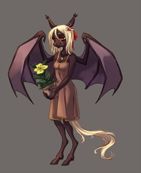 Size: 1100x1345 | Tagged: safe, artist:weird--fish, oc, oc only, oc:enotera, bat pony, anthro, unguligrade anthro, bat pony oc, clothes, dress, female, flower, gray background, holding, jewelry, necklace, pot, simple background, solo