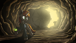 Size: 1280x720 | Tagged: safe, artist:adagiostring, oc, oc only, oc:littlepip, pony, unicorn, fallout equestria, bone, bright, cave, clothes, fanfic, fanfic art, female, hooves, horn, jumpsuit, leaving, looking back, mare, open mouth, pipbuck, raised hoof, skeleton, solo, stable (vault), stable 2, stable door, suit, vault, vault suit