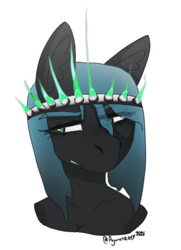 Size: 425x587 | Tagged: safe, artist:itzdatag0ndray, queen chrysalis, changeling, changeling queen, anthro, g4, angry, crown, ear fluff, female, jewelry, regalia, simple background, solo, white background