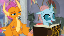 Size: 1916x1081 | Tagged: safe, screencap, ocellus, smolder, changedling, changeling, dragon, a matter of principals, g4, armor, book, claws, dragoness, duo, excited, female, flying, index get, raised eyebrow, scavenger hunt, toes
