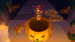 Size: 2160x1214 | Tagged: safe, artist:sugaryviolet, oc, oc only, oc:beeatrice, fairy, human, armpits, candle, clothes, costume, halloween, halloween 2018, halloween costume, hat, holiday, humanized, humanized oc, micro, pumpkin, speech bubble, text, witch hat
