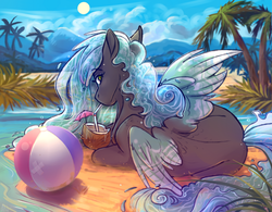 Size: 1980x1546 | Tagged: safe, artist:1an1, oc, oc only, oc:seafoam storm, pegasus, pony, ball, bandage, beach, beach ball, cloud, cocktail umbrella, coconut, coconut cup, commission, drink, drinking, drinking straw, female, food, leaf, looking at you, looking back, looking back at you, mare, mountain, mountain range, ocean, palm tree, plant, prone, sandals, sipping, sky, solo, sun, toy, tree, water mane, ych result