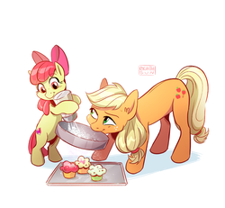 Size: 900x832 | Tagged: safe, artist:eighthsun, apple bloom, applejack, earth pony, pony, g4, baking, bow, cupcake, duo, female, filly, food, hair bow, hatless, mare, missing accessory, mouth hold, simple background, sisters, smiling, white background