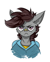 Size: 452x564 | Tagged: safe, artist:zira, oc, oc only, oc:rory dreamer, anthro, angry, bandaid, bandaid on nose, brown hair, bust, camp camp, clothes, colored sketch, crossover, grey skin, male, max (camp camp), rooster teeth, simple background, solo, white background