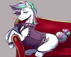 Size: 2323x1878 | Tagged: safe, artist:1an1, rarity, pony, unicorn, g4, it isn't the mane thing about you, alternate hairstyle, couch, female, gray background, lidded eyes, looking at you, punk, raripunk, simple background, solo