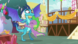 Size: 888x500 | Tagged: safe, screencap, princess ember, spike, dragon, g4, triple threat, animated, cute, dragoness, emberbetes, female, hug, male, sound, spread wings, webm, wings