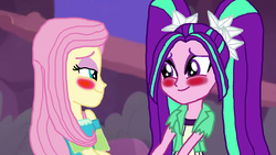 Size: 1800x1013 | Tagged: safe, artist:bigpurplemuppet99, aria blaze, fluttershy, equestria girls, g4, my little pony equestria girls: better together, ariashy, blushing, female, lesbian, lidded eyes, looking at each other, shipping