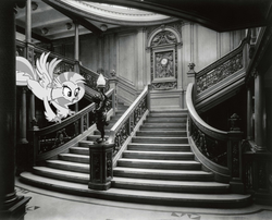 Size: 2000x1612 | Tagged: safe, artist:ejlightning007arts, silverstream, hippogriff, pony, g4, black and white, grayscale, indoors, irl, monochrome, photo, ponies in real life, solo, staircase, stairs, that hippogriff sure does love stairs, this will end in tears, titanic