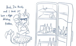 Size: 697x429 | Tagged: safe, artist:redxbacon, oc, oc only, oc:eureka, unicorn, anthro, bottle, clothes, crossed arms, dialogue, female, lineart, monochrome, open mouth, pigtails, refrigerator, sketch, skirt, solo