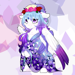 Size: 1500x1500 | Tagged: safe, artist:royalwolf1111, oc, oc only, oc:cosmic harmony, oc:melody shard, pegasus, pony, chest fluff, clothes, colored wings, cute, ear fluff, female, floppy ears, floral head wreath, flower, fluffy, gem, gradient mane, gradient wings, kimono (clothing), mare, solo, weapons-grade cute