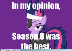 Size: 500x357 | Tagged: safe, twilight sparkle, pony, unicorn, g4, it's about time, 2012, artifact, brony history, female, future twilight, image macro, implied time travel, meme, my little brony, purple background, simple background, solo, text, unamused, unicorn twilight, watermark