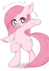 Size: 700x1024 | Tagged: safe, artist:91o42, pinkie pie, earth pony, pony, g4, bipedal, cute, cuteamena, female, japanese, mare, pinkamena diane pie, solo, waving