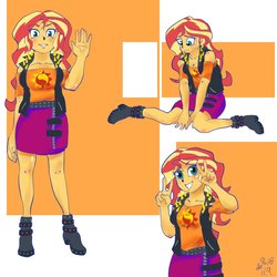 Size: 1000x1000 | Tagged: safe, artist:sozglitch, sunset shimmer, equestria girls, equestria girls series, g4, boots, clothes, cute, female, jacket, leather, leather jacket, peace sign, shirt, shoes, skirt, solo