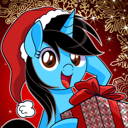 Size: 2000x2000 | Tagged: safe, artist:xwhitedreamsx, oc, oc only, oc:andrea, pony, unicorn, abstract background, christmas, clothes, cute, female, hat, high res, holiday, looking at you, mare, open mouth, present, solo