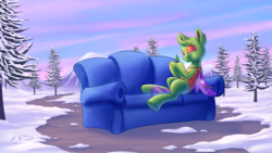 Size: 1920x1080 | Tagged: safe, artist:lordvaltasar, arista, changedling, changeling, g4, christmas, christmas tree, couch, holding, holiday, snow, solo, tree, underhoof, winter