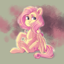 Size: 1600x1600 | Tagged: safe, artist:hollybright, fluttershy, pegasus, pony, g4, abstract background, female, looking at you, looking sideways, mare, sitting, smiling, solo, three quarter view, wings