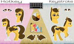 Size: 4200x2500 | Tagged: safe, artist:mercurial64, oc, oc only, oc:hotkey, oc:keystroke, bat pony, hybrid, bat pony oc, female, glasses, looking at you, male, reference sheet, rule 63, simple background, solo