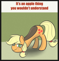 Size: 887x920 | Tagged: safe, artist:nignogs, applejack, g4, colored, cursed image, cutie mark, face down ass up, horseshoes, inanimate tf, lidded eyes, looking at you, not salmon, shoe fetish, shoe pony, smiling, smirk, smug, solo, text, transformation, wat, wavy mouth, weird, what has science done, why