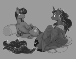Size: 1664x1284 | Tagged: artist needed, safe, princess luna, twilight sparkle, alicorn, pony, unicorn, g4, duo, eye contact, female, gray background, grayscale, leaning, lesbian, looking at each other, mare, monochrome, pillow, realistic horse legs, ship:twiluna, shipping, simple background, unicorn twilight