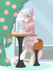 Size: 1800x2408 | Tagged: safe, artist:sugaryicecreammlp, oc, oc only, oc:takashi, pony, unicorn, female, mare, sitting, solo, table