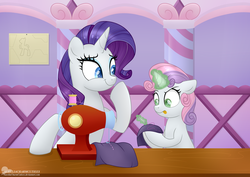 Size: 4950x3510 | Tagged: safe, artist:raspberrystudios, rarity, sweetie belle, pony, unicorn, g4, boutique, fanart, female, filly, mare, sewing, sewing machine, sewing needle, siblings, sisters, sweetie belle's magic brings a great big smile, tongue out