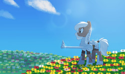 Size: 1435x850 | Tagged: safe, artist:carnifex, oc, oc only, pony, armor, commission, female, flower, flower field, grass field, lance, solo, tail wrap, weapon