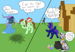 Size: 1024x717 | Tagged: safe, artist:tatta-doodles, trixie, zecora, oc, oc:glittershine, oc:minty fresh, enderman, pegasus, pony, unicorn, zebra, g4, cauldron, clothes, coat, comic, cutie mark, ear piercing, earring, explosives, female, floppy ears, hat, horn, jewelry, mare, minecraft, mouth hold, neck rings, open mouth, pickaxe, piercing, pigtails, potion, sitting, speech bubble, spread wings, standing, tnt, wings