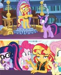 Size: 900x1111 | Tagged: safe, edit, edited screencap, screencap, fluttershy, pinkie pie, sci-twi, sunset shimmer, twilight sparkle, alicorn, anthro, human head pony, pony head on human body, equestria girls, equestria girls series, forgotten friendship, rollercoaster of friendship, abomination, geode of empathy, geode of sugar bombs, geode of telekinesis, magic mirror, magical geodes, reverse anthro, twilight sparkle (alicorn), unamused, wat, what has magic done, what has science done