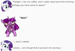 Size: 542x371 | Tagged: safe, artist:dziadek1990, rarity, twilight sparkle, g4, angry, coffee, conversation, dialogue, emote story, emotes, furious, nightmare fuel, reddit, slice of life, text, tired