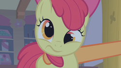 Size: 1280x720 | Tagged: safe, screencap, apple bloom, applejack, bridle gossip, g4, derp, offscreen character, solo focus