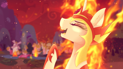 Size: 1600x900 | Tagged: safe, artist:elektra-gertly, daybreaker, pony, g4, burning, evil laugh, eyes closed, female, laughing, mane of fire, noblewoman's laugh, ponyville, sharp teeth, solo, some mares just want to watch the world burn, teeth