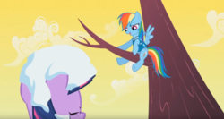 Size: 1258x669 | Tagged: safe, screencap, rainbow dash, twilight sparkle, g4, season 1, winter wrap up, eyes closed, out of context, snow, tree, tree branch, winter wrap up song, winter wrap up vest