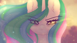 Size: 1192x670 | Tagged: safe, artist:elektra-gertly, princess celestia, pony, g4, celestia is not amused, ear fluff, eye clipping through hair, female, hair over one eye, looking at you, missing accessory, solo, staring into your soul, unamused