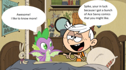 Size: 1024x572 | Tagged: safe, artist:theawesomeguy98201, spike, dragon, human, g4, bedroom, comics, crossover, lincoln loud, nickelodeon, the loud house, winged spike, wings