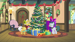 Size: 1280x720 | Tagged: safe, screencap, apple bloom, cloudy quartz, grand pear, earth pony, pony, best gift ever, g4, bookshelf, chair, christmas, christmas tree, christmas wreath, clothes, earmuffs, female, hearth's warming tree, holiday, male, mare, ornament, present, scarf, stallion, tree, winter outfit, wreath