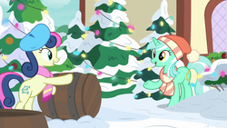 Size: 1280x720 | Tagged: safe, screencap, bon bon, lyra heartstrings, sweetie drops, earth pony, pony, unicorn, best gift ever, g4, barrel, best friends, christmas, christmas tree, clothes, duo, female, hat, holiday, looking at each other, mare, scarf, snow, striped scarf, tree, winter outfit