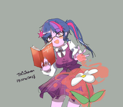 Size: 716x628 | Tagged: safe, artist:trilithon, sci-twi, twilight sparkle, human, equestria girls, g4, blushing, book, clothes, cute, female, flower, glasses, gray background, magic, moe, open mouth, pixiv, pleated skirt, ponytail, simple background, skirt, solo, twiabetes
